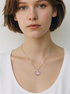 Delicate Silver Necklace Pink Crystal Heart Pendant Engraved I love you forever